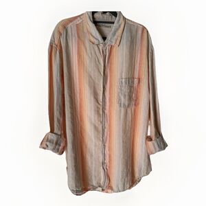 Caribbean Stripe Shirt XL Multi Color Long Sleeve Button Up Linen Cotton